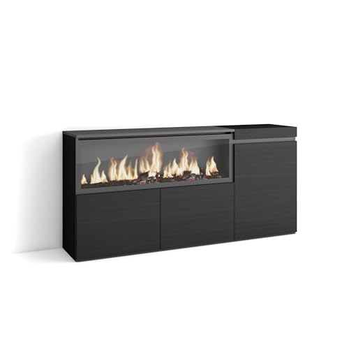 Skraut Home | Buffet Salon et Cuisine | Meuble de Rangement, Commode | 160 | 3 Portes | Cheminée électrique XXL | Style Moderne | Noir