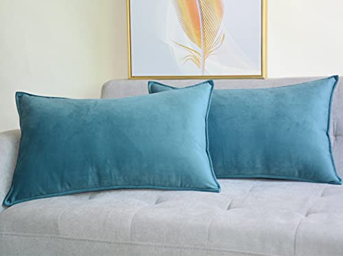 Lutanky Gray- Blue Cushion Covers 12x20 Inch Velvet Decorative Rectangle Throw Pillow Cover (Pack of 2) Soft Oblong Piped Pillowcases for Sofa Bedroom with Invisible Zipper 30 x 50 cm