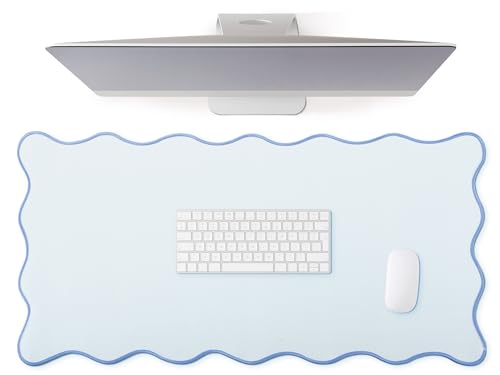 Hahafelt Scalloped Desk Mat Large Scalloped Piping Cute Desk Mat Aesthetic Preppy Table Pad Large Nonslip Pad with Edge Stitching Waterproof Gaming(Blue,31.5 x 15.75 Inches)