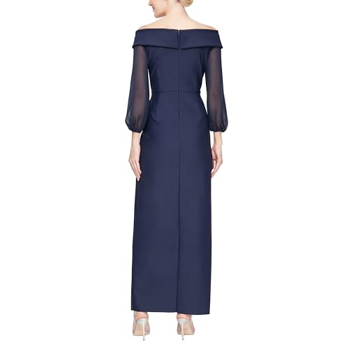 Alex Evenings Women's Long Off The Shoulder Mother of The Bride Dress with Illusion Sleeves, Cascade Ruffle & Front Slit2