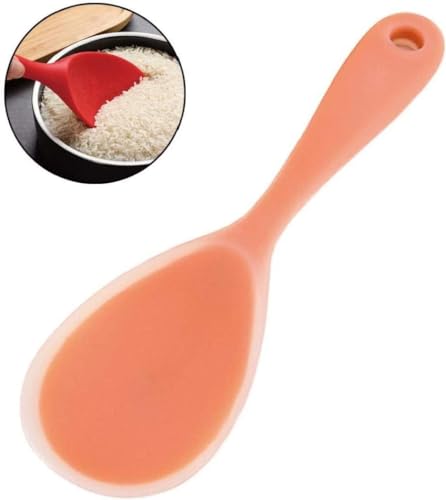 Image of Baskety Non-Stick Rice Spoon Silicone Ladle Soup Spoon with Handle for Dining Table 22.3 x 6.8 cm (Orange)