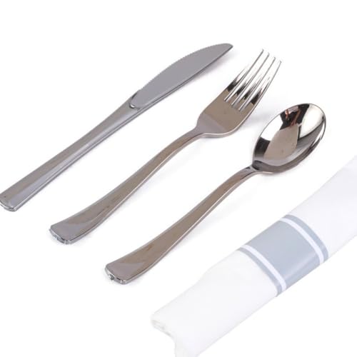 BRZU プラスチック製カトラリーセット、使い捨ての銀食器、ナイフ、フォーク、スプーン、カトラリー、ロール入りボックス入り、プレミアム品質、感謝祭のパーティーやイベントに最適、30セット (A4,30個)