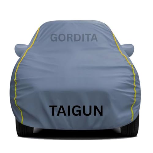 Image of Waterproof Car Body Cover for Tiguan All Weather Protection Comes with Inner Cotton Lining & Triple Stitched with Mirror & Antenna Pocket Belt & Elastic Fit Grey with Yellow Piping2