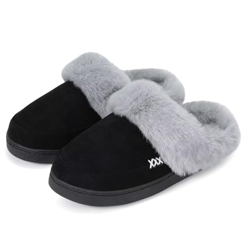 NineCiFun Women's and Men's Suede House Slippers Slip on Fuzzy Slippers with Faux Fur Lining Indoor Outdoor Home Shoes with No-slip Sole
