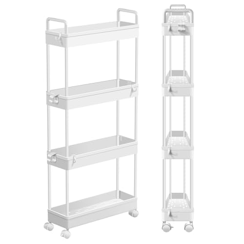 VickyHome Rollwagen, Küchenwagen mit 4 Ebenen Regal Bad Regal Weiß Schmal, Multifunktional Küchenwagen Schmal mit 11 Haken, 360° Universalrad für Büro, Wohnzimmer, Küche, Weiß