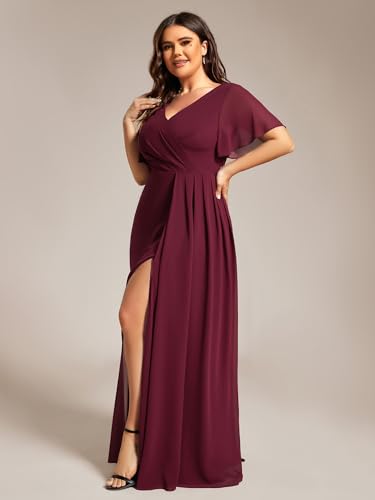 Ever-Pretty Plus Women's V Neck Chiffon Ruched Ruffles Sleeves Side Slit Floor Length Plus Size Bridesmaid Dresses S0050-DA3