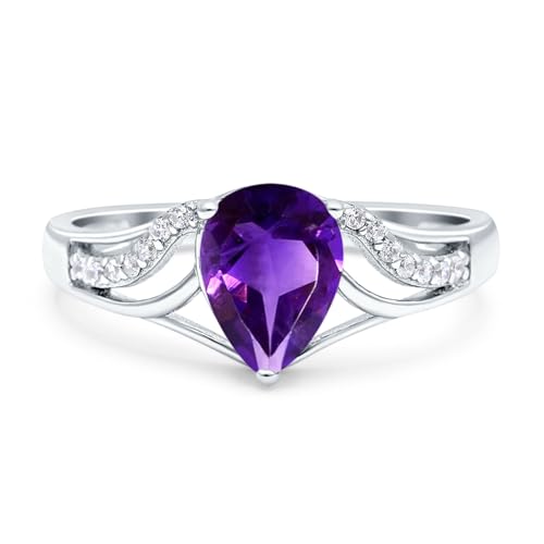 OMRANII Art Deco Ring Pear Teardrop Natural Amethyst Split Shank CZ Wedding Engagement Rings For Women 925 Sterling Silver Gifts For Her