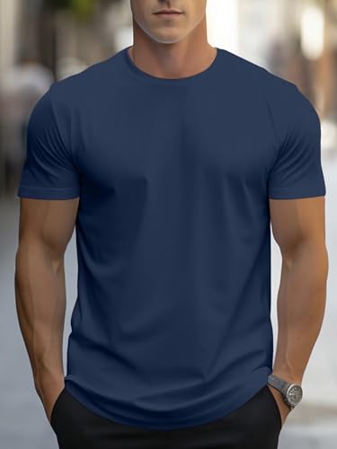 Camiseta básica de manga corta para hombre, cuello redondo, suave, informal, básica, Azul marino, X-Large