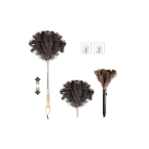 Ostrich Feather Dusters for Cleaning Kit - Reusable Soft Feather Duster Extendable to 49 inches for Cleaning Ceiling Fan, High Ceiling, Blinds & Retractable Small Duster for Keyboard, Brick Toy, Car