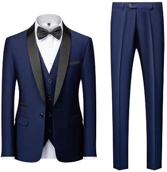 Mens Slim Fit 3 Piece Suit One Button Solid Shawl Lapel Blazer Jacket Vest Pants Set for Formal
