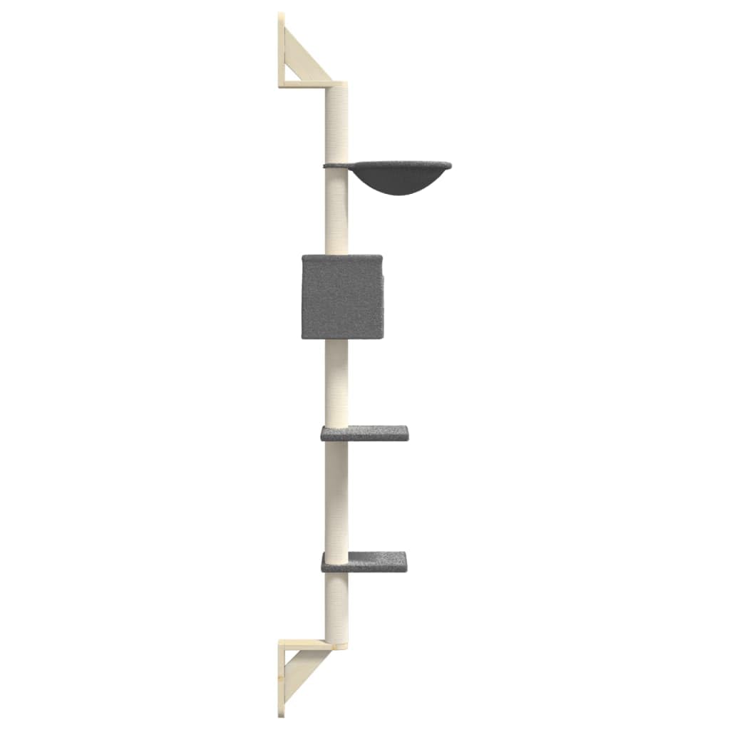 Tiragraffi da parete con colonna tiragraffi in sisal e superfici di riposo, grigio scuro, 187 cm, per gatti in appartamenti, albero da arrampicata con amaca, grotta e tiragraffi, torre gioco