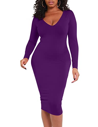 BORIFLORS Women's Sexy Bodycon Long Sleeve Deep V Neck Club Party Midi Pencil Dresses, Medium, Dark Purple