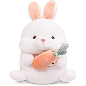 Easter Bunny Plush Toy Stuffed Rabbit Toy Sitting Short Ear Rabbit Animal Plush Doll with Carrot Realistic Bunny Decor Cuddly Cartoon Doll for Kids Birthday Easter Presents