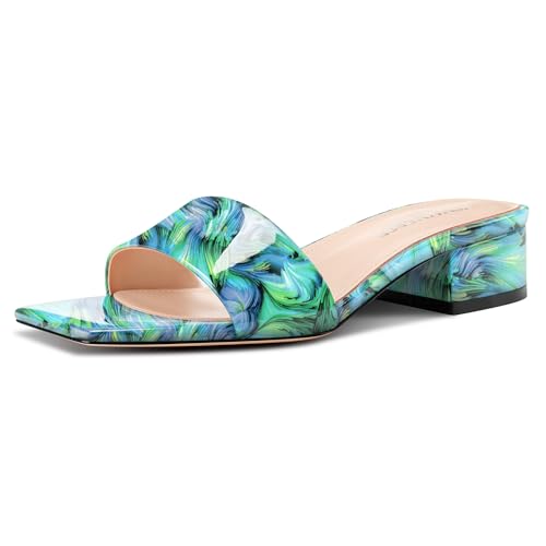 Image of TNYNFBEB Womens Chunky Block Low Heel Open Square Toe Sandals Mules Shoes Slip-on Prom Party Dress Patent Leather 1.4 Inches Heels