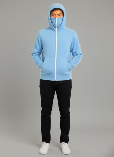 Image of Koverify Plain Cotton Hooded Neck with Mask Stylish Balaclava Zipper Hoodie