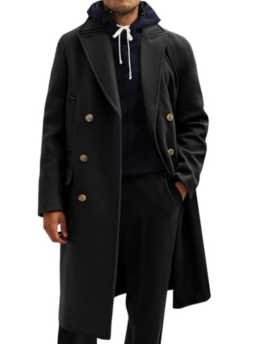 Image of Runcati Mens Trench Coat Notch Lapel Slim Fit Double Breasted Casual Long Business Pea Coat Overcoat