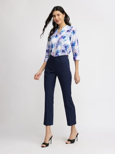 Image of FableStreet Women Shirt Work & Casual | Relaxed Fit Mandarin V-Neck Three-Quarter Sleeves Solid Pattern | Breathable Woven Fabric for Office & Everyday Wear