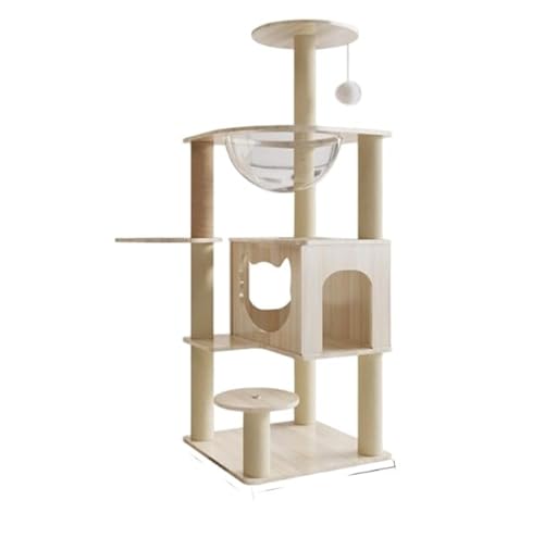 キャットタワー 猫タワー 高さ140cm スリム設計 天然麻紐 爪とぎポール付き ねこハウス 宇宙船デザイン 見晴台 多頭飼い対応 省スペース 木製 安定性 運動不足解消 お手入れ簡単 丸角安全設計 Youlines (B)