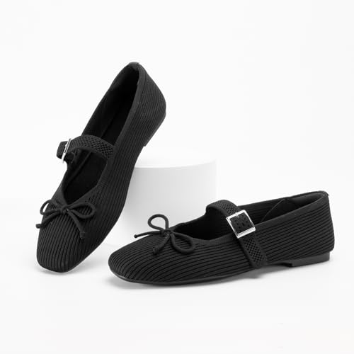 Women's Square Toe Flats Bowknot Mary Jane Ballet Flats Knit Flat Shoes for Women with Adjustable Straps Comfortable Office4