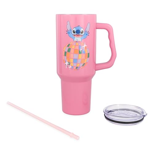 Image of Silver Buffalo Disney Lilo and Stitch inchLife Is A Party inch Stainless Steel Tumbler with Handle, Fits in Standard Cup Holder, 40 Ounces