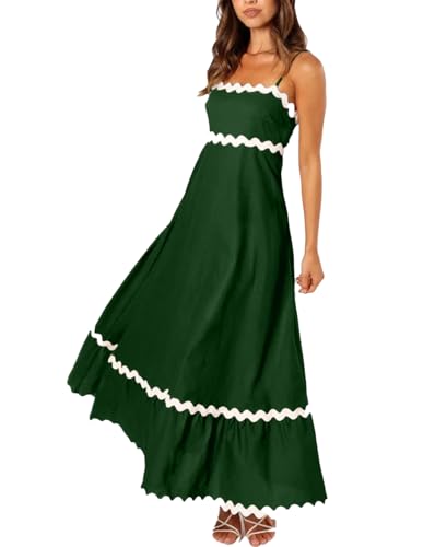 LOAIHA Women Midi Dresses 2024 Spaghetti Straps Sleeveless Smocked Rickrack Trim Boho Flowy Loose A-Line Summer Eyelet Dress