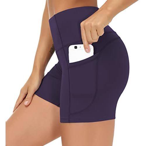 THE GYM PEOPLE High Waist Yoga Shorts for Women's Tummy Control Fitness Athletic Workout Running Shorts with Deep Pockets Medium Purple