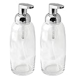 mDesign Modern Glass Refillable Foaming Soap Dispenser Pump Bottle for Bathroom Vanity Countertop, Kitchen Sink - Save on Soap - Vintage-Inspired, Compact Design - 2 Pack - Clear/Chrome