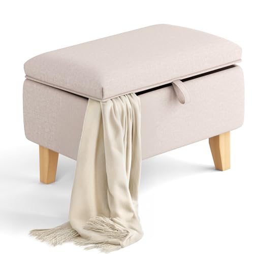 INMOZATA Linen Footstool with Storage Upholstered Storage Footstool Ottoman Pouffe Stool Change Shoe Footrest with Wooden Legs for Living Room Bedroom Beige