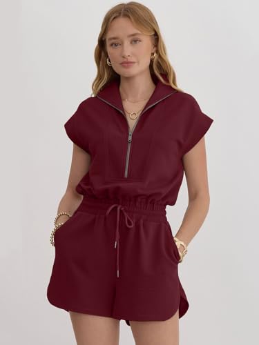 Image of Rompers for Women Summer Short Sleeve Half Zip Lapel Collar Jumpsuit Casual Drawstring One Piece Outfits with Pockets