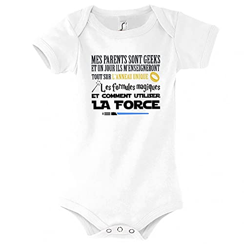 Body bébé Mes parents geeks m'enseigneront l'anneau, la magie et la force | Collection référence Film pour les fans du seigneur des anneaux 3/6 mois