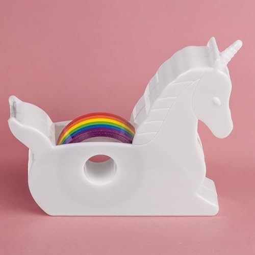 MIJOMA Einhorn Klebeband-Abroller – Zauberhafter Bürohelfer mit Regenbogen-Klebeband, Weißer Kunststoff, Ideal für Geschenkverpackung & Bastelarbeiten, 10x9x3cm