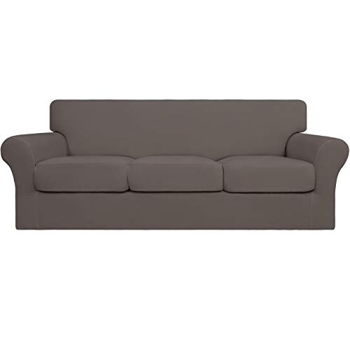 Image of Easy-Going 4 Pieces Stretch Soft Couch Cover for Dogs - Washable Sofa Slipcover for 3 Separate Cushion Couch - Elastic Furniture Protector for Pets, Kids (Sofa, Taupe, Large) | Sofa Slipcover for Stretch 3 Separate Sectional Cushion Couch - Furniture Protector for Pets, Kids Taupe