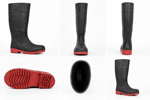 Image of Men's PVC Gumboot, Black with Red Anti-Slip Sole, 16 Inch, Water & Oil Resistant, Reinforced Toe, Labour Safety Boot