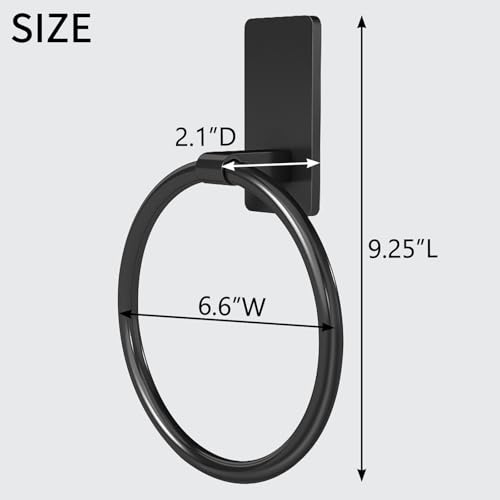 Image of STWWO Hand Towel Holder for Bathroom, Adhesive Round Towel Ring, Black | for Bath RV Kitchen, Self Adhesive No Drill Hole, Easy to Install