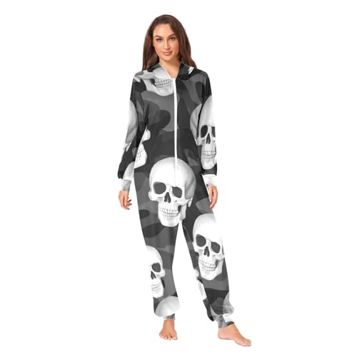 RPLIFE Mameluco de felpa con calaveras de camuflaje para mujer, pijama de Navidad para hombre y mujer, Calaveras de camuflaje, Small