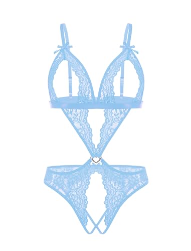 Avidlove Womens Lingerie Lace Teddy One Piece Babydoll Mini Bodysuit Light Blue S