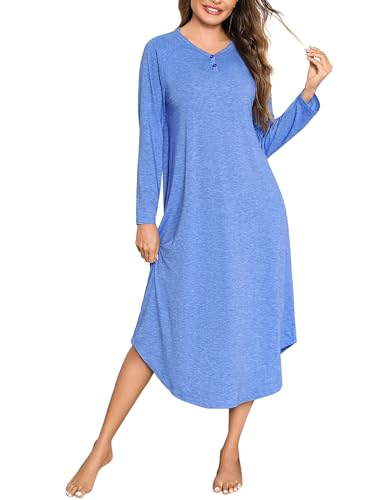 Bresdk Schlafshirt Damen Langarm Nachthemd Lang Baumwolle Winter Sexy Sleepshirt Hauskleid mit Knopfleiste,Blau,XL
