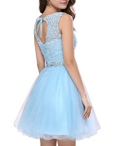Image of Dydsz Women's Lace Applique Short Prom Dress A Line Tulle Homecoming Dresses Beaded Mini Graduation Party Dress