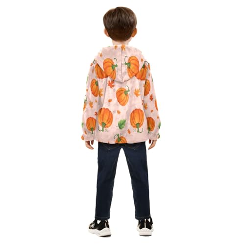 Pumpkin Leaves Pattern on Peach Toddler Fleece Jacket Girl Boys Hooded Fleece Jacket Coat Warm Outwear Zip-up 3-10T4