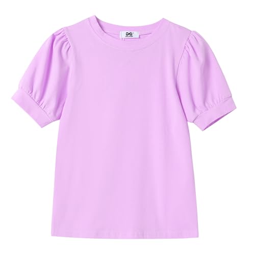 Image of Girls' Puff Sleeve Cotton T-Shirt Cute Summer Tops Short Sleeve Crewneck Tshirts Tees Little Kids Girls Size 5t 6t 5 6 6X 6-7 t Years Light Purple Lavender 5-6