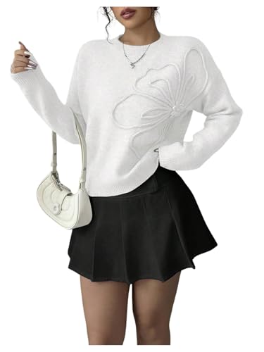 Image of RoseSeek Women's 3D Floral Appliques Crewneck Sweaters Long Sleeve Drop Shoulder Pullovers Elegant Knit Tops