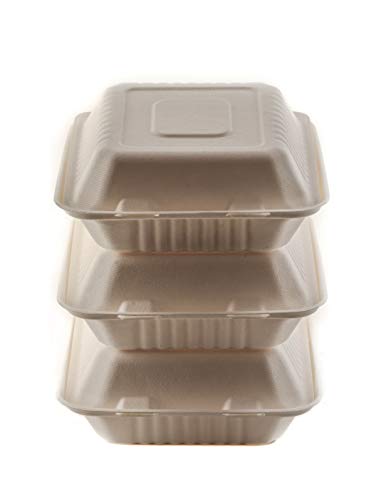 [900 PACK] 8 Inch 3-Compartment Compostable Hinged Take Out Food Container - Sugarcane Bagasse, Tree Free - Restaurant Supplies, Microwavable, Bidodegradable, Recyclable, Heavy Duty (Rectangle - Clam)