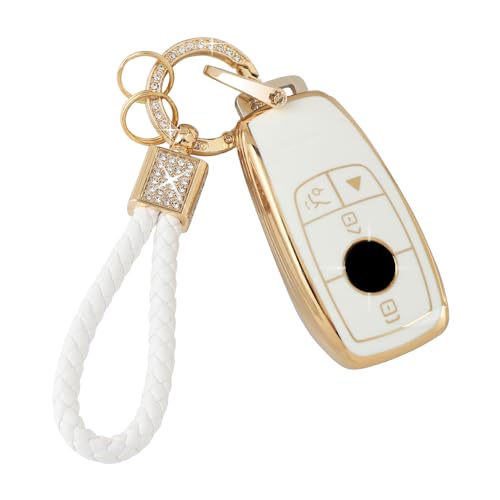 PIFOOG Key Fob Cover for Mercedes TPU White Gold Bling Keychain Accessories Fit Benz GLA GLE GLB GLS GLC CLA CLS C300 AMG A E S G Class Cute Car Keys Case Shell Girly Women