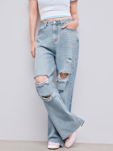 CIDER Women’s Ripped Jeans High Waisted Distressed Baggy Straight Wide Leg Pants3