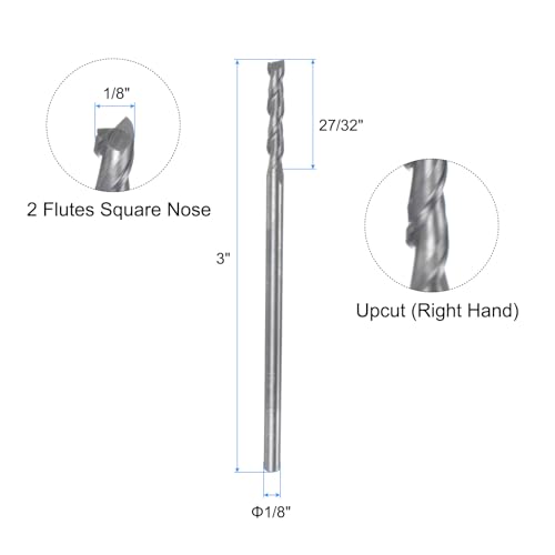 Image of uxcell Carbide Square End Mill, 1 /8 inch Diameter Uncoated 2 Flutes Milling Bit Cutter, for Aluminum Copper Non-Ferrous Metal, 1 /8 inch Shank 27 /32 inch Cut Length 3 inch Extra Long