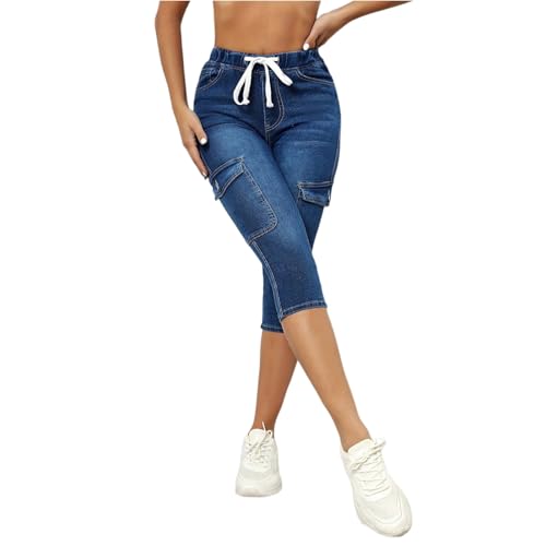 Capri Jeans for Women Stretch Drawstring High Waisted Cargo Jeans Comfy Skinny Denim Capris with Pockets