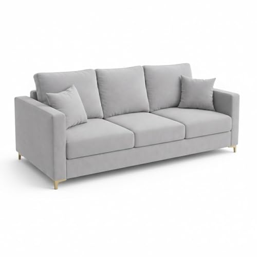 Image of Hayes Rich Velvet Suede 3 Seater Sofa | Golden Aesthetic Legs | Spacious Soft Touch Comfort Seating | Modern Luxe Sofa for Living Room (Light Gray)