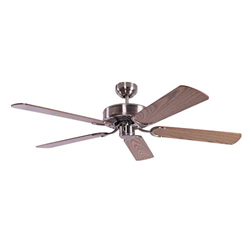 Pepeo Ventilateur de plafond sans éclairage Potkuri, argent patiné, pâles réversibles chêne / osier, 132 cm