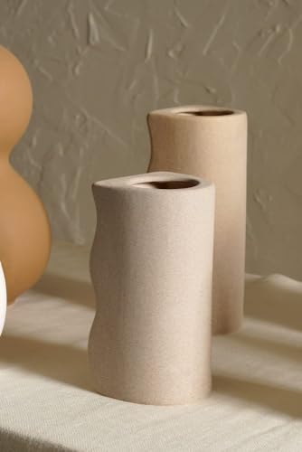 Image of PUREZENTO Desert Farmhouse Vase Beige and White Set of 7 Matte Finish Ceramic Designer Flower Vase for Home Decor Table Bedroom Side Corner