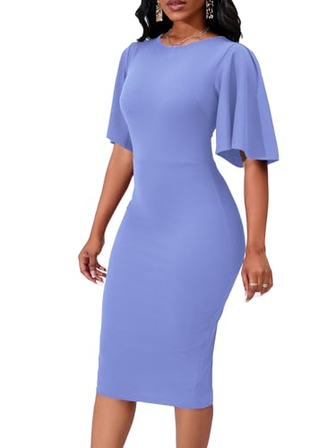 Image of WanMem Womens Basic Bodycon Ruffle Flared Short Sleeve Pencil Midi Dress